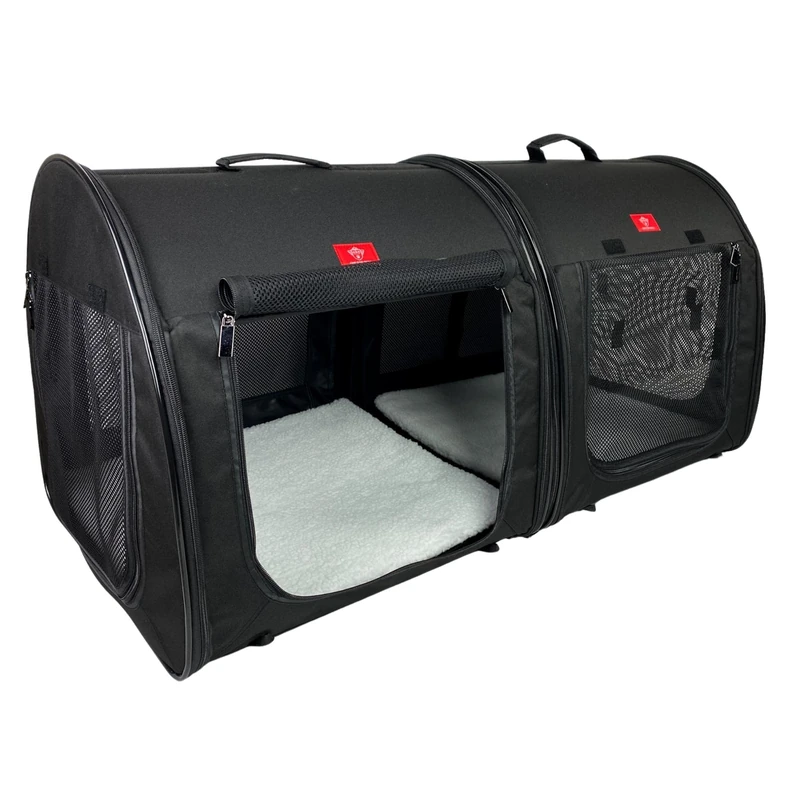 One for Pets Portable 2-in-1 Double Pet Kennel/Shelter, Fabric, Black 20"x20"x39" - Car Seat-Belt Fixture Included