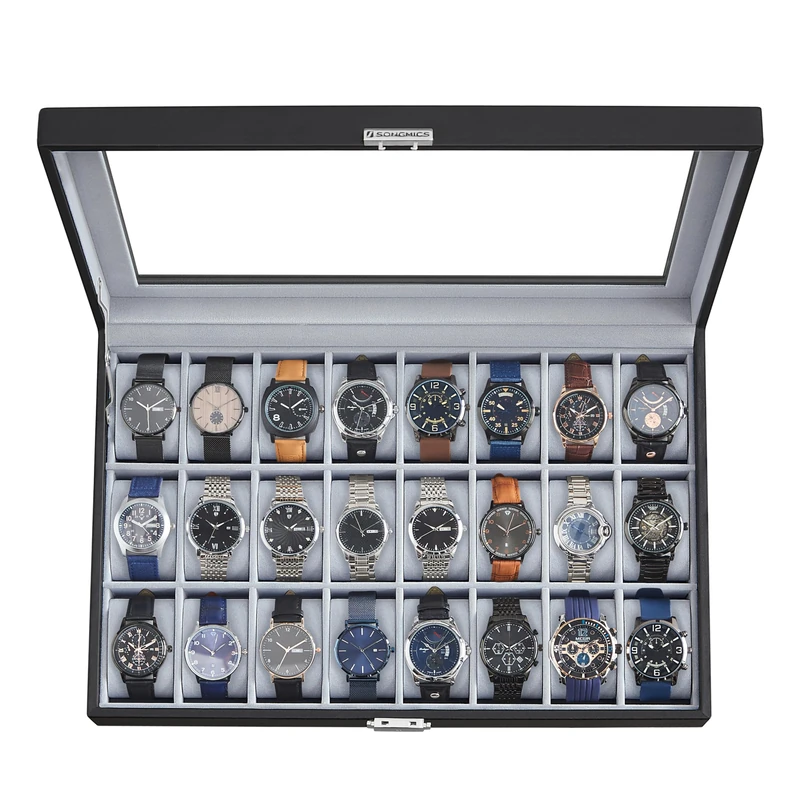 SONGMICS 24 Box Large Watch Case Top, MDF (Medium Density Fiberboard), PU (Polyurethane), Velvet, Glass, Black Synthetic Leather, Gray Lining