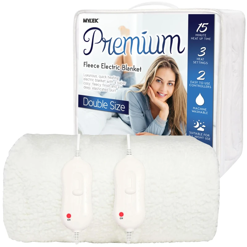 Mylek Electric Blanket Double Size Bed Fleece Fitted Heated Mattress Cover Underblanket Dual Control, Elasticated Skirt, 190 x 137 x 40cm, Overheat Protection, Machine Washable, All Night Use (Double)