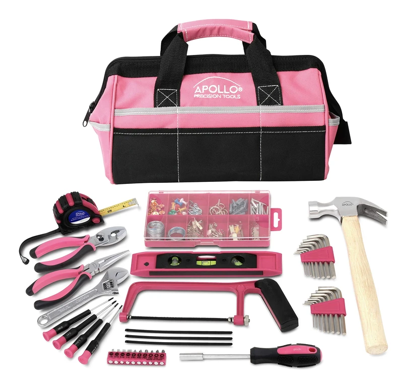 APOLLO Tools 201 Piece Home Tool Set, Pink Tool Set Includes Hacksaw, Picture Hanging Assortment, and Selection of Most Needed Tools in Sturdy Tool Bag -Pink Ribbon- DT0020P