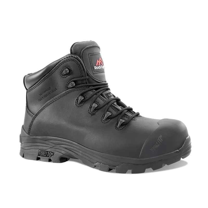 Rock Fall Denver Black Fibre Glass Toe Cap Black Boot, Fully Waterproof Safety Boots, SRC Slip Rated Work, Shock Absorbing Midsole and Heat Resistant UK 7