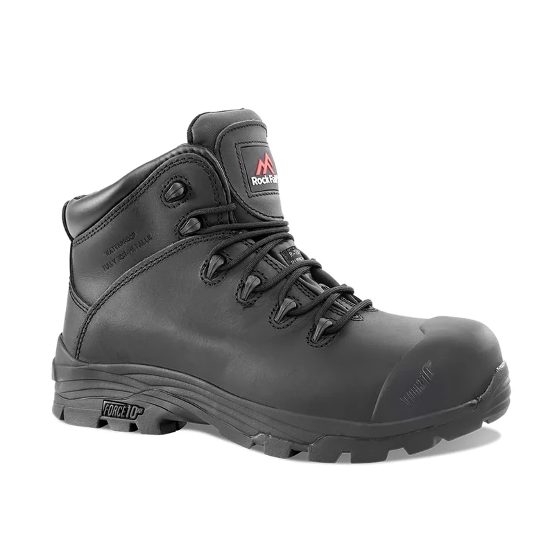 Rock Fall Denver Black Fibre Glass Toe Cap Black Boot, Fully Waterproof Safety Boots, SRC Slip Rated Work, Shock Absorbing Midsole and Heat Resistant UK 12
