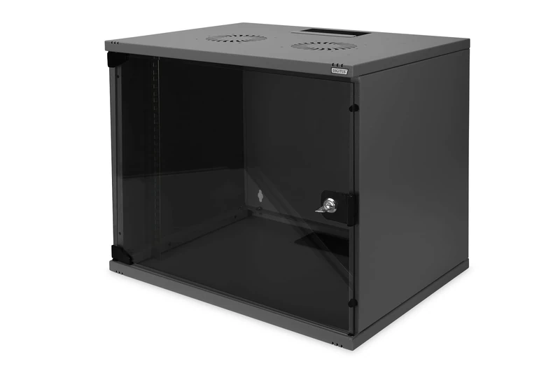 DIGITUS network cabinet - 19-inch rack 9 U - Unassembled - Wall mounting - 400 mm depth - Load capacity 60 kg - Glass door - SOHO series - Black