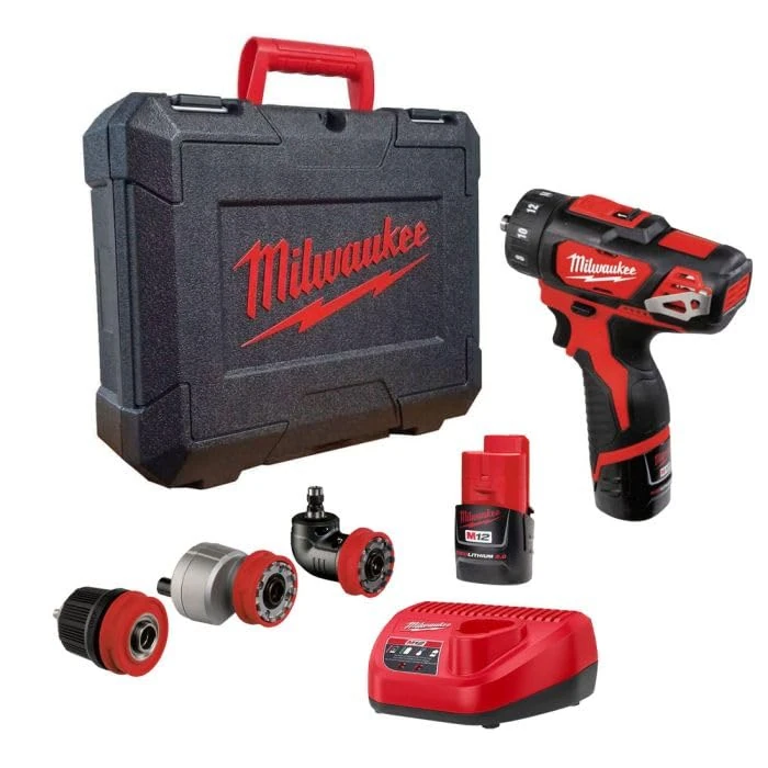 Milwaukee M12BDDXKIT-202C M12 4-in-1 Drill Driver Kit (2 X 2.0ah Li-ion Batteries, Charger, 10mm Chuck & Extra Heads)