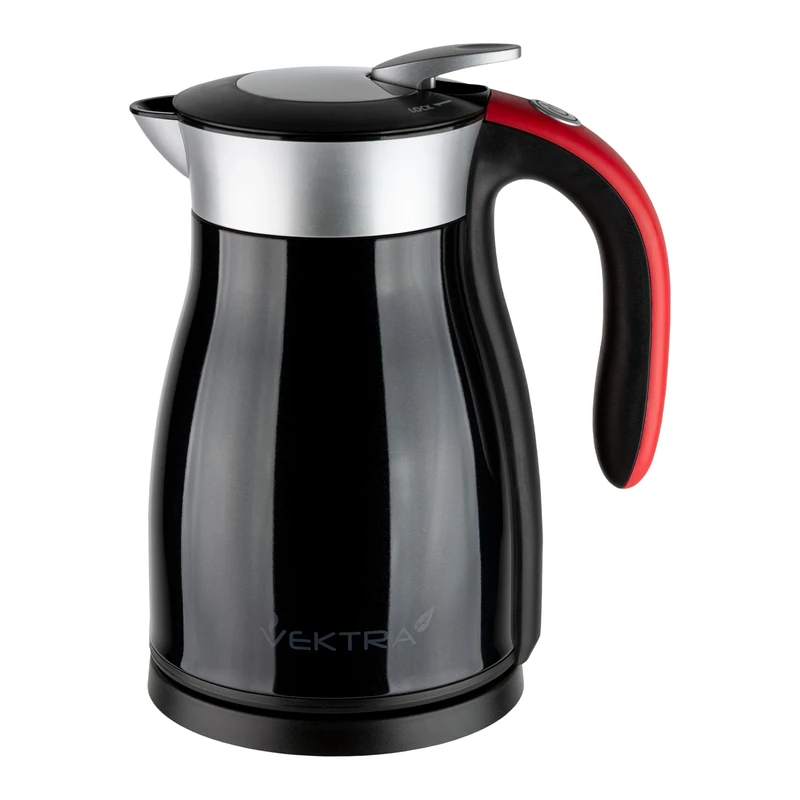 Vektra Kettle, Series 1 in Black/red, vacuum insulated environmentally eco-friendly kettle, stainless steel finish, 1.5 litre