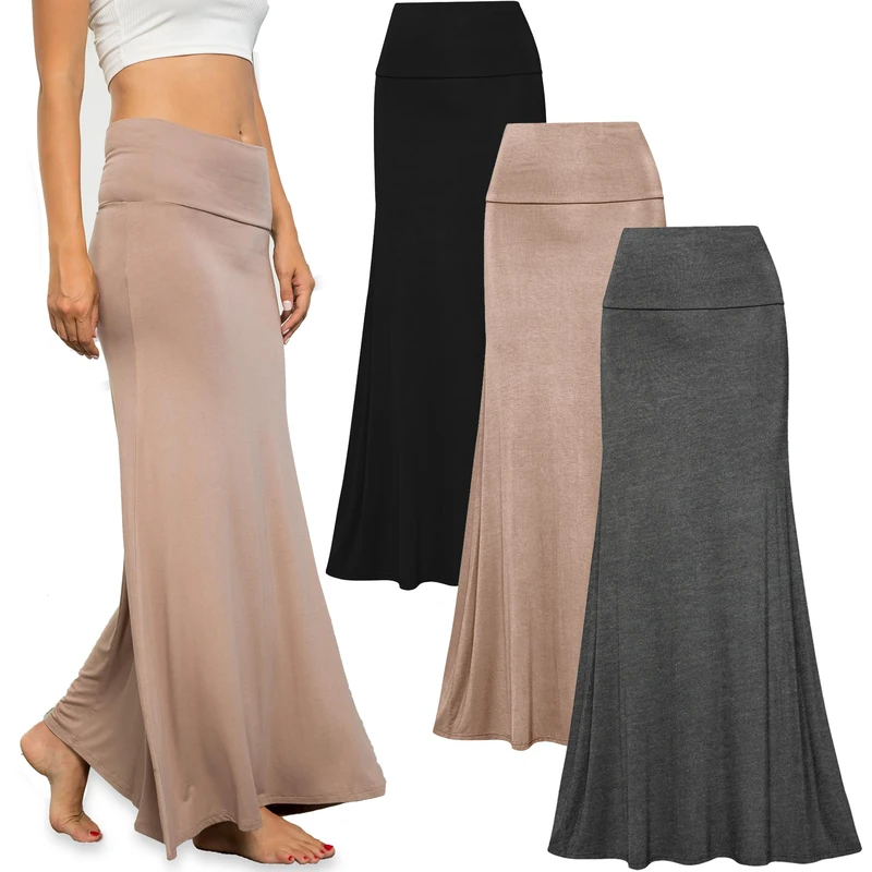 Free to Live - 3 Pack Women's Fold Over Flowy High Waist Maxi Skirts - Flare Style, Floor Length, Black, Charcoal, Mocha, L