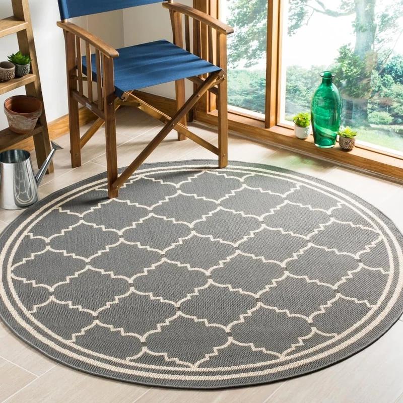 Safavieh Trellis Indoor/Outdoor Woven Round Area Rug, Courtyard Collection, CY6889, in Grey / Beige, 160 X 160 cm for Garden, Patio or Any Outdoor Space
