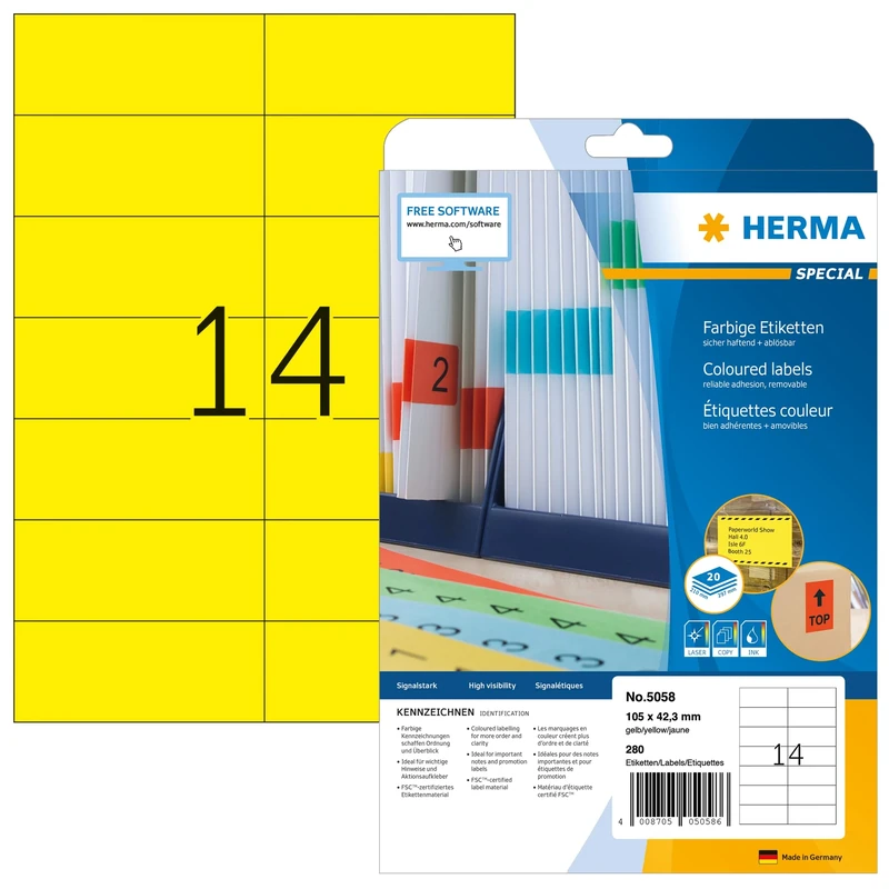 HERMA Self Adhesive Coloured Labels, 14 Labels per A4 Sheet, 640 Sheets, 105 x 42.3 mm, 8960 Labels, Blank Removable Colour Labels Stickers, Sticky Labels for Laser & Inkjet Printer, Yellow