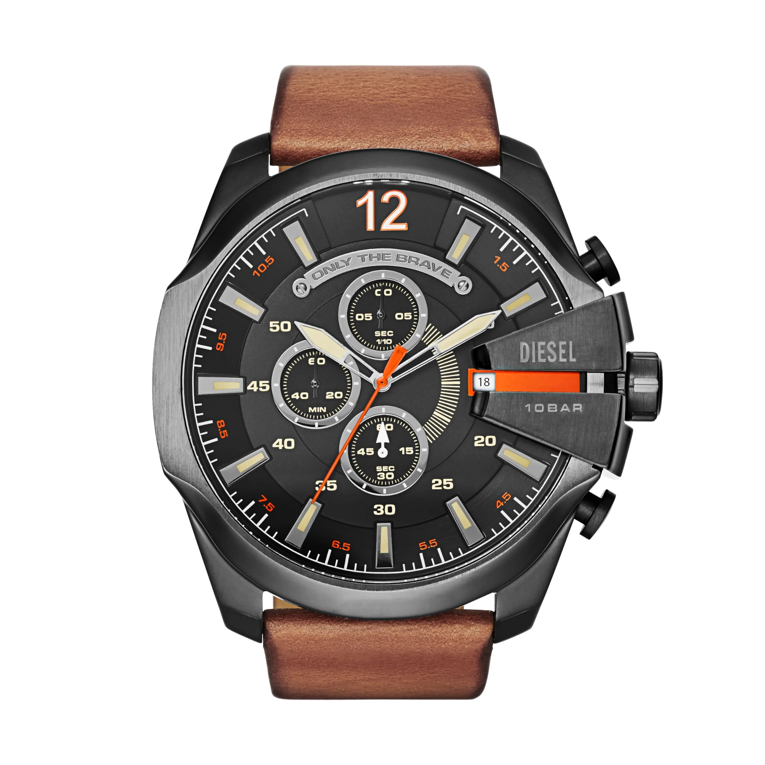 Diesel Watch for Men Mega Chief, Chronograph Movement, 51 mm Black Stainless Steel Case with a Leather Strap, DZ4343