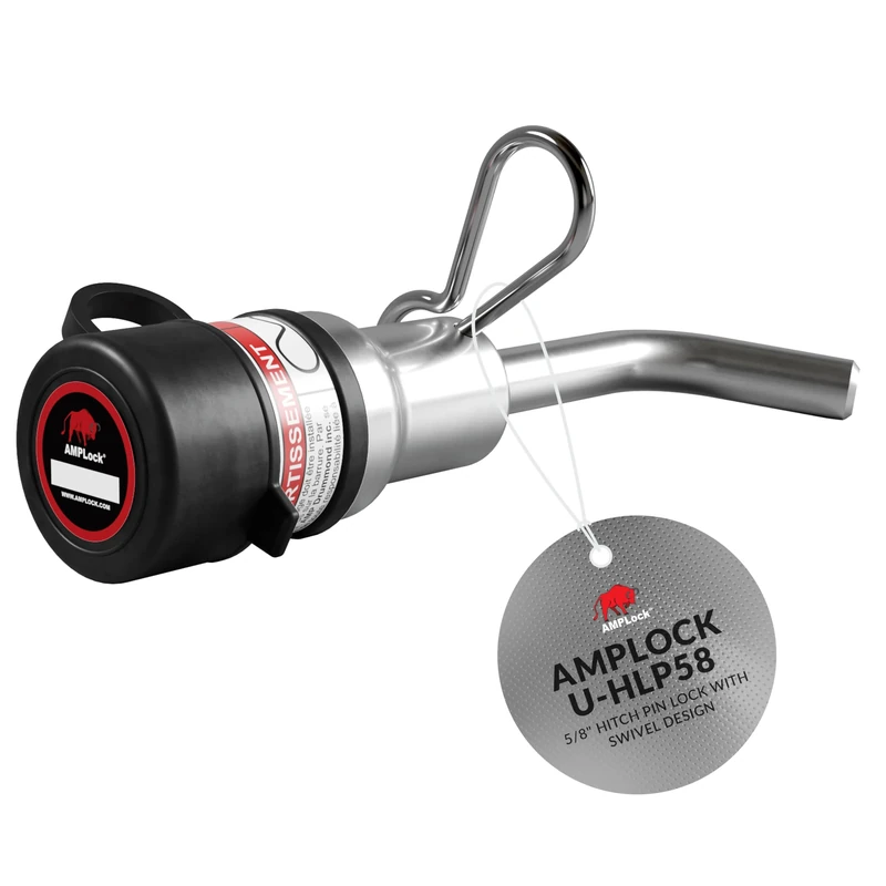 AMPLOCK U-HLP58 | 5/8" Hitch Pin Lock | Patented Towing Hitch Lock for 2"x2" Receiver Tube (Outside Dimension) | Swivel Design | Made of American Stainless Steel