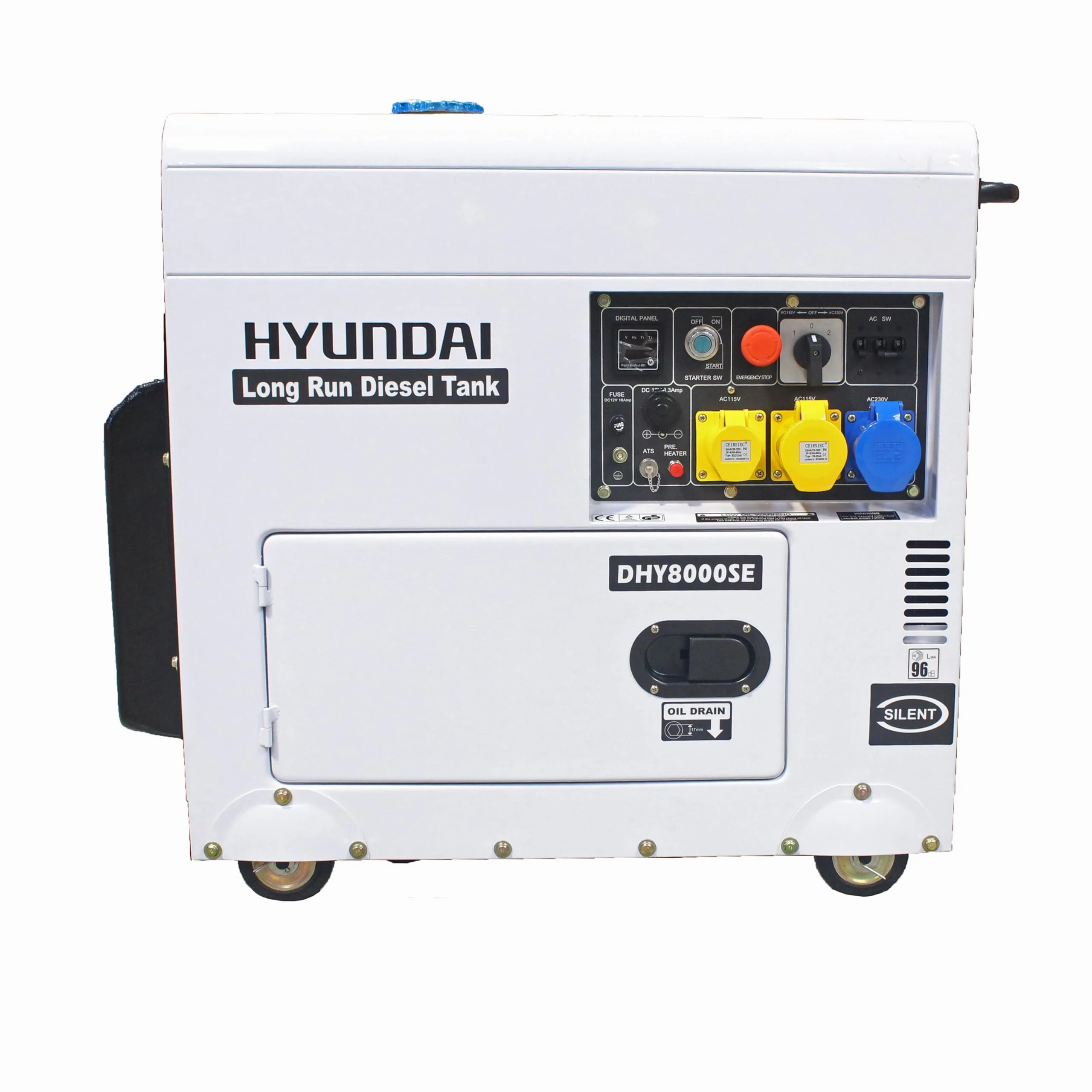 Hyundai Standby Diesel Generator Electric Start, Single Phase, Long-Run Backup Generator, 25L Fuel Tank, AVR, ATS Compatible, 30hr Runtime, 70dB Quiet Operation
