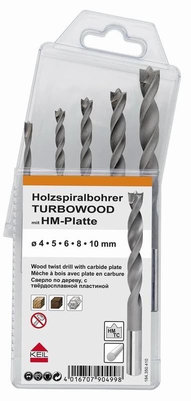 KEIL TURBOWOOD 184 350 410 Carbide Metal Twist Drill Bits for Wood (Set of 5) 4.0, 5.0, 6.0, 8.0, 10.0 mm