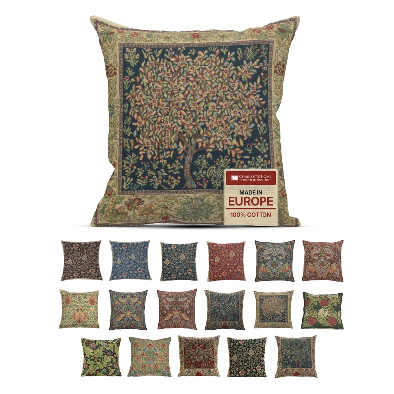 Charlotte Home Furnishings Inc Tapestry Throw Pillow Covers 16x16 Green Pastel Boho Decorative Couch Pillow Covers William Morris Inspired 100% Cotton Cozy Home Decor Jacquard Woven Floral Living Room