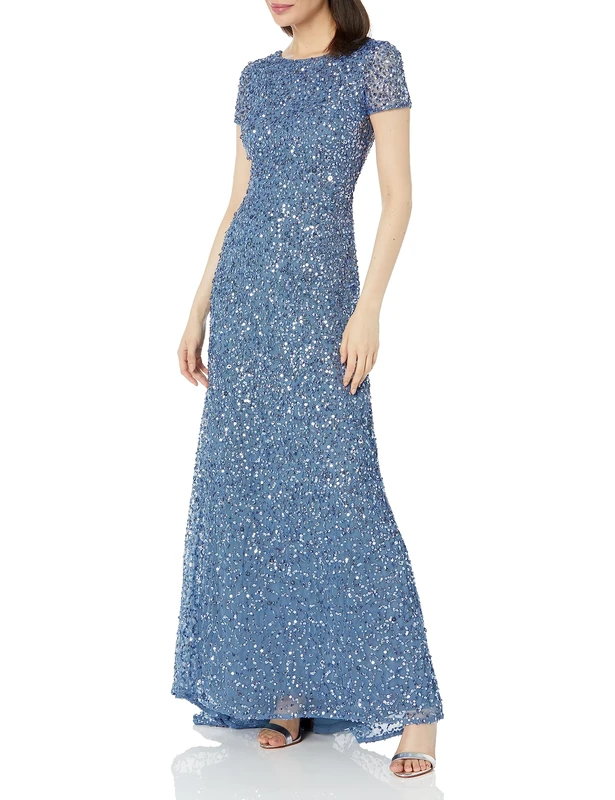 Adrianna Papell Women's Short-sleeve All Over Sequin Gown Dress, Nile, 12 UK