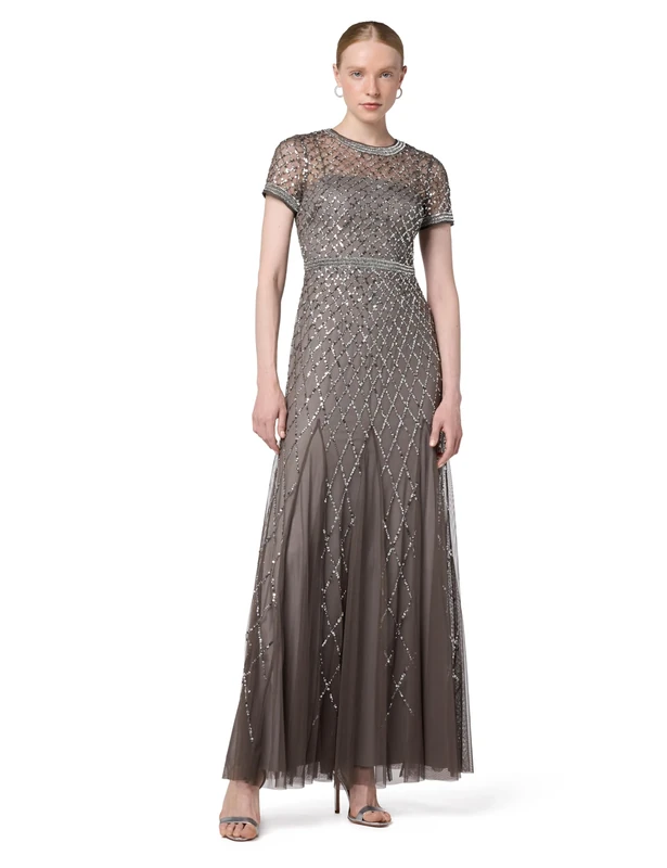 Adrianna Papell womens091904940Short-sleeve Beaded Mesh Gown Short-Sleeve Dress - Gray - 12