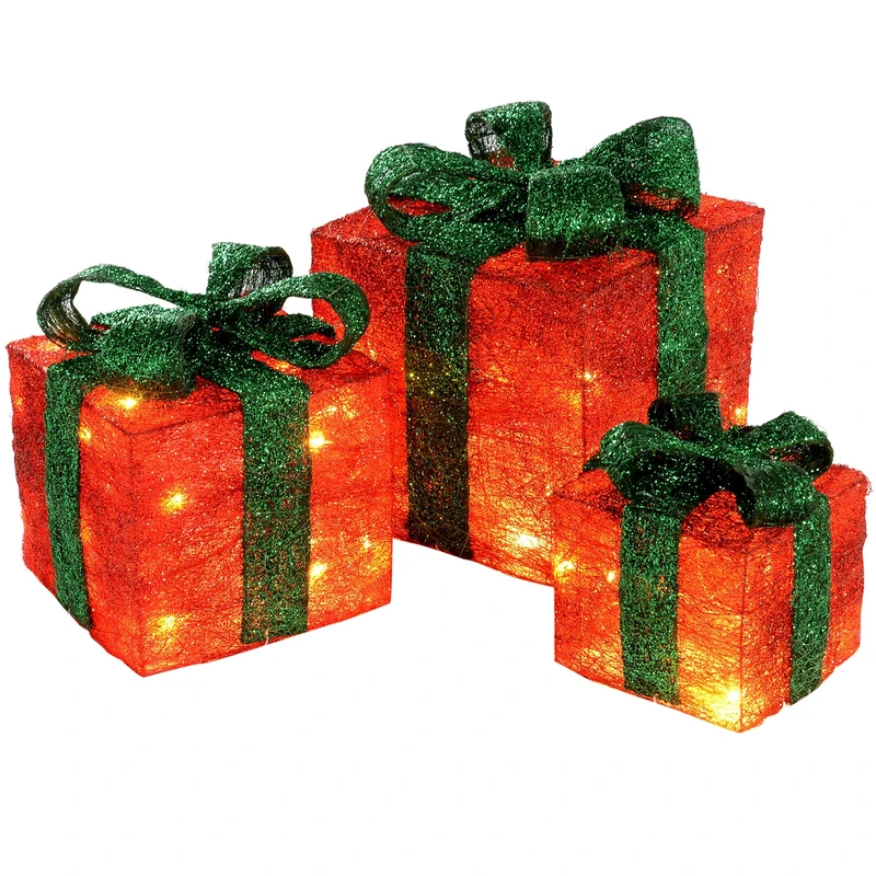 WeRChristmas Gift Box Silhouette with 35 Warm White LED Lights and Tinsel - Red, Set of 3