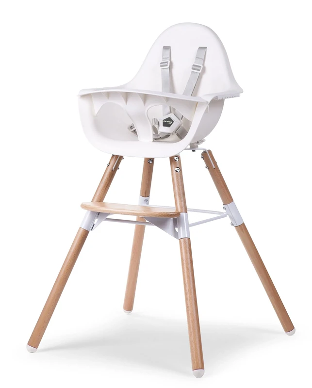 CHILDHOME, Baby/Child High Chair, Evolutive, from 6 Months up to 6 Years, Height Adjustable, 5 Point Harness, Many Accessories, Compatible with Evolu Baby Newborn Seat, Beechwood, Evolu 2, White