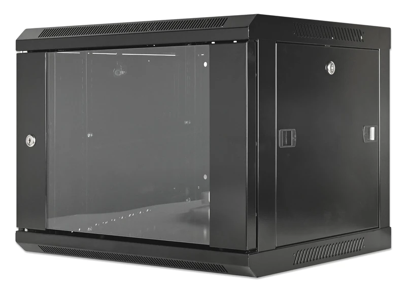 Intellinet Network Cabinet, Wall Mount (Standard), 6U, 450 mm Deep, Black, Assembled, Max 60 kg, Metal & Glass Door, Back Panel, Removeable Sides, Suitable also for use on a desk or floor, 19 Inch