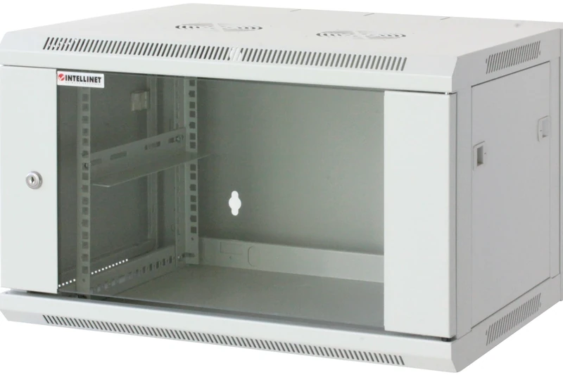Intellinet Network Cabinet, Wall Mount (Standard), 6U, 600 mm Deep, Grey, Assembled, Max 60 kg, Metal & Glass Door, Back Panel, Removeable Sides, Suitable also for use on a desk or floor, 19 Inch