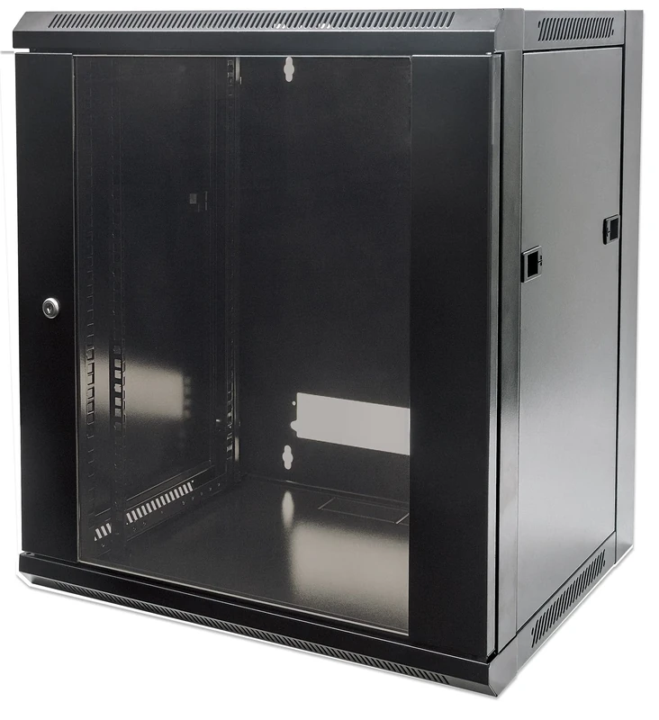 Intellinet Network Cabinet, Wall Mount (Standard), 9U, 600 mm Deep, Black, Flatpack, Max 60 kg, Metal & Glass Door, Back Panel, Removeable Sides, Suitable also for use on a desk or floor, 19 Inch