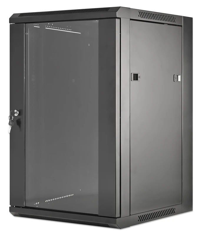 Intellinet Network Cabinet, Wall Mount (Standard), 15U, 450 mm Deep, Black, Flatpack, Max 60 kg, Metal & Glass Door, Back Panel, Removeable Sides, Suitable also for use on a desk or floor, 19 Inch