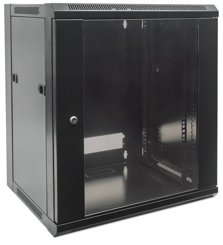 Intellinet Network Cabinet, Wall Mount (Standard), 15U, 600 mm Deep, Black, Flatpack, Max 60 kg, Metal & Glass Door, Back Panel, Removeable Sides, Suitable also for use on a desk or floor, 19 Inch