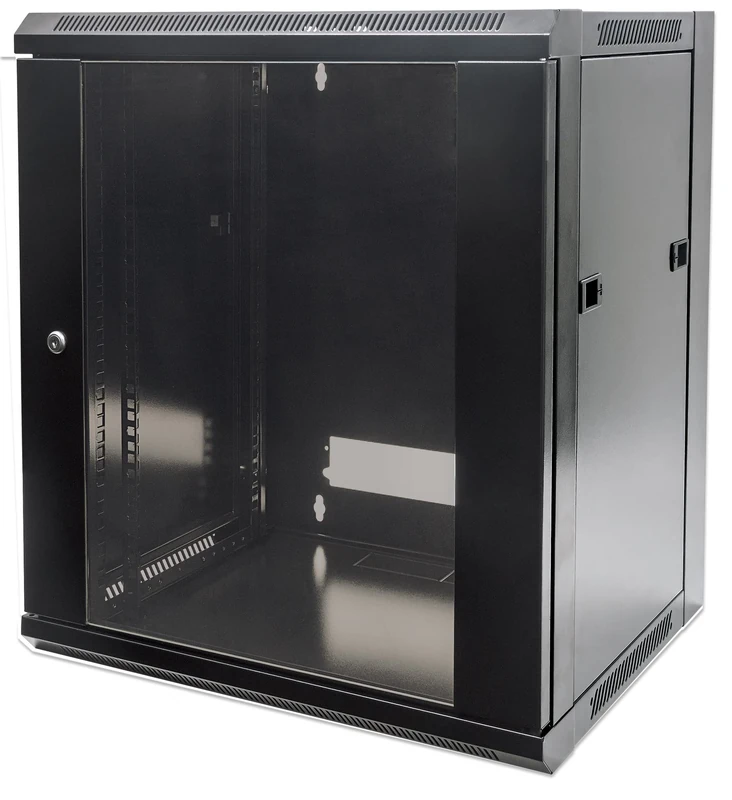 Intellinet Network Cabinet, Wall Mount (Standard), 12U, 600 mm Deep, Black, Flatpack, Max 60 kg, Metal & Glass Door, Back Panel, Removeable Sides, Suitable also for use on a desk or floor, 19 Inch