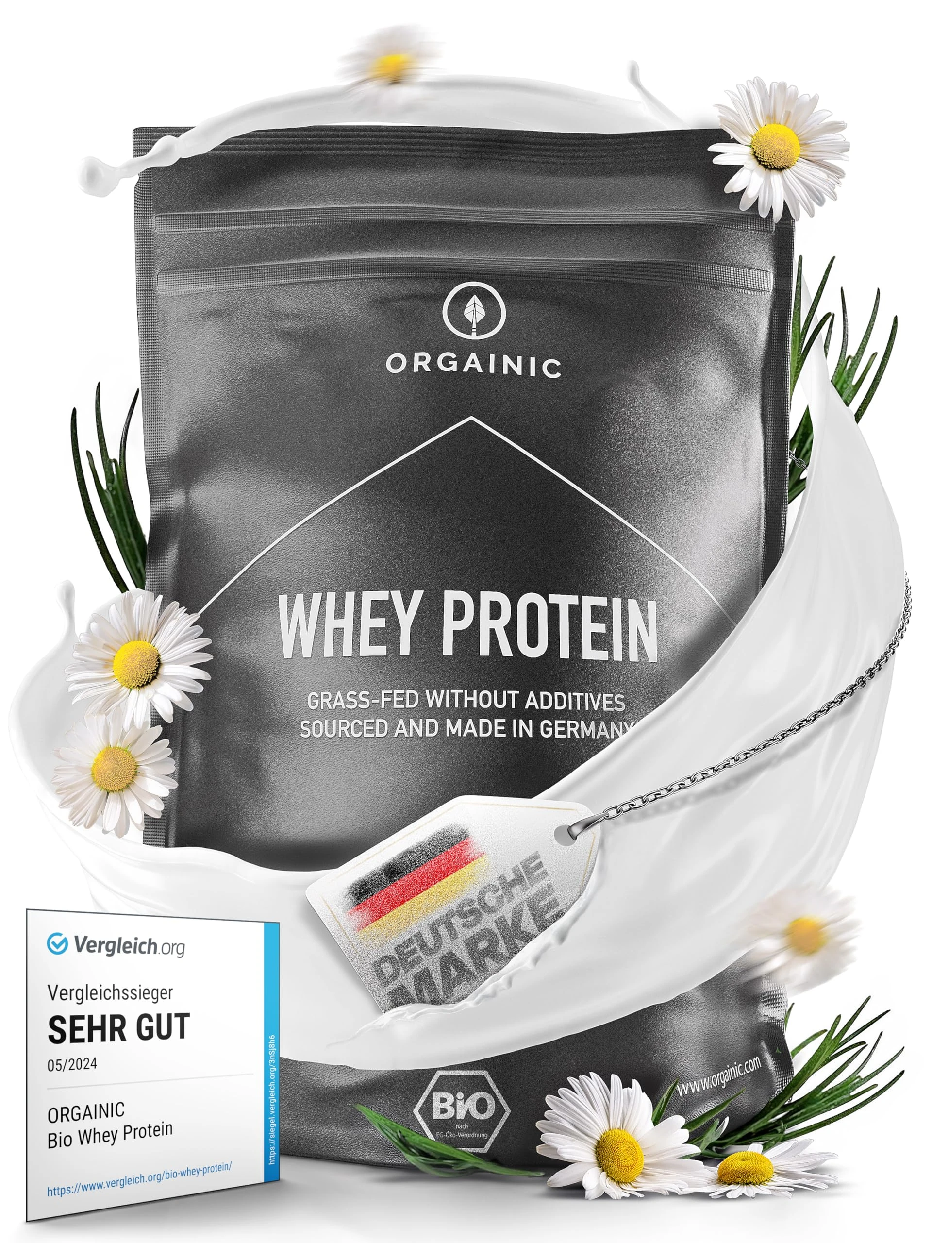 ORGAINIC Natural Whey Protein - Organic Certified Without Additives - Protein Powder from Germany - Grass Fed Whey Protein - 1000g