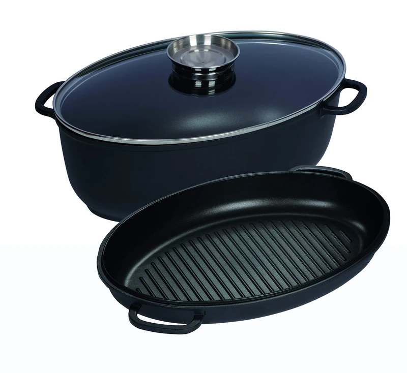 KELOmat Magnum Induction Roaster, Casserole, Oval, Three-Piece, with Glass lid and Grill pan, Ø 38 cm, 8 l