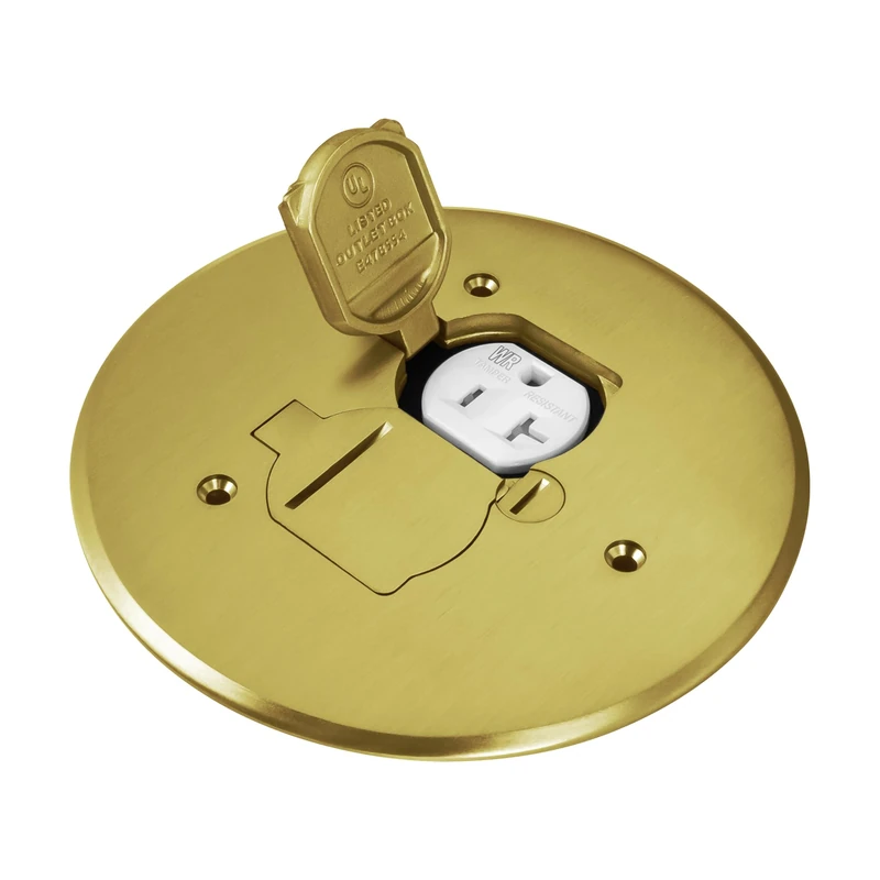 ENERLITES Dual Flip Lid Floor Box Cover, 5.75" Diameter, 20A Tamper-Weather Resistant Receptacle Outlet, Watertight Gaskets, 975517-C, UL Listed, Brass, 2. Brass 5.75", 1 Gang