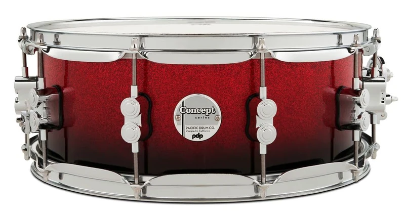 Pacific Drums Concept Maple Snare, 14" x 5.5", Red to Black Fade Lacquer | Features a 10-ply European Maple shell and high-end DW drum hardware