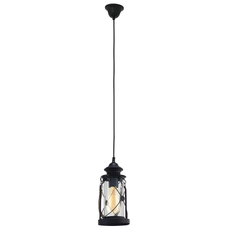Eglo Bradford Pendant Lamp, Vintage Ceiling Light in Black Steel and Clear Glass, Hanging Lantern, Dining and Living Room Lighting, E27 Socket