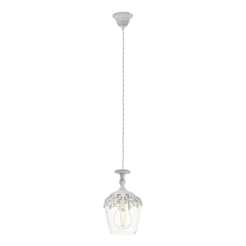 Eglo Pendant Light Sudbury, 1-Light Hanging Lamp Vintage, Retro, Pendant Lamp Made of Steel and Glass in White Patina, Clear, Dining Table Light, Hanging Living Room Lamp with E27 Socket