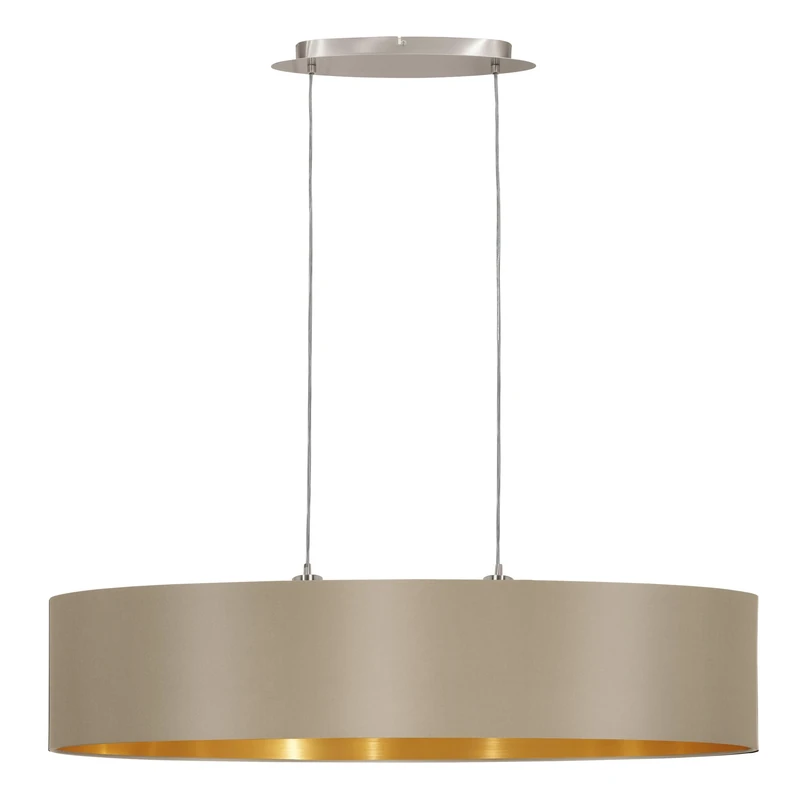Eglo Maserlo 2-Flame Pendant Lamp, Matt Nickel Steel, Taupe and Gold Fabric Ceiling Light, Dining and Living Room Oval Hanging Lighting, E27 Socket, L 39.4 inches