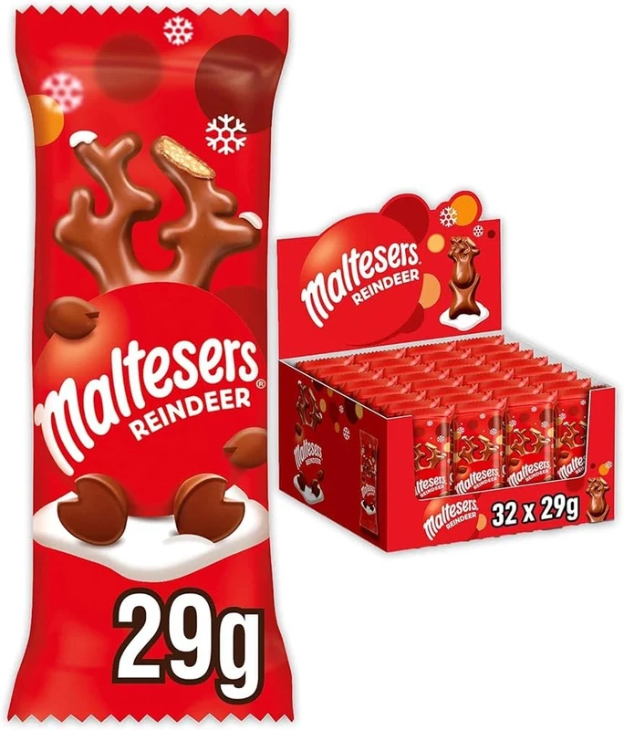 Maltesers Chocolate Reindeers Bulk Box, Milk Chocolate gift, Honeycomb & Malt filling, 32 x 29g, Ideal for Christmas Stocking Fillers, Gift, or Snacks