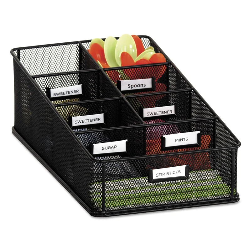Safco Products 3291BL Onyx Mesh Condiment Carton Organizer, 7 Compartments, Break Room, Classroom Supply Organizer, Steel Metal Mesh, Includes Labels, Black - Image 1