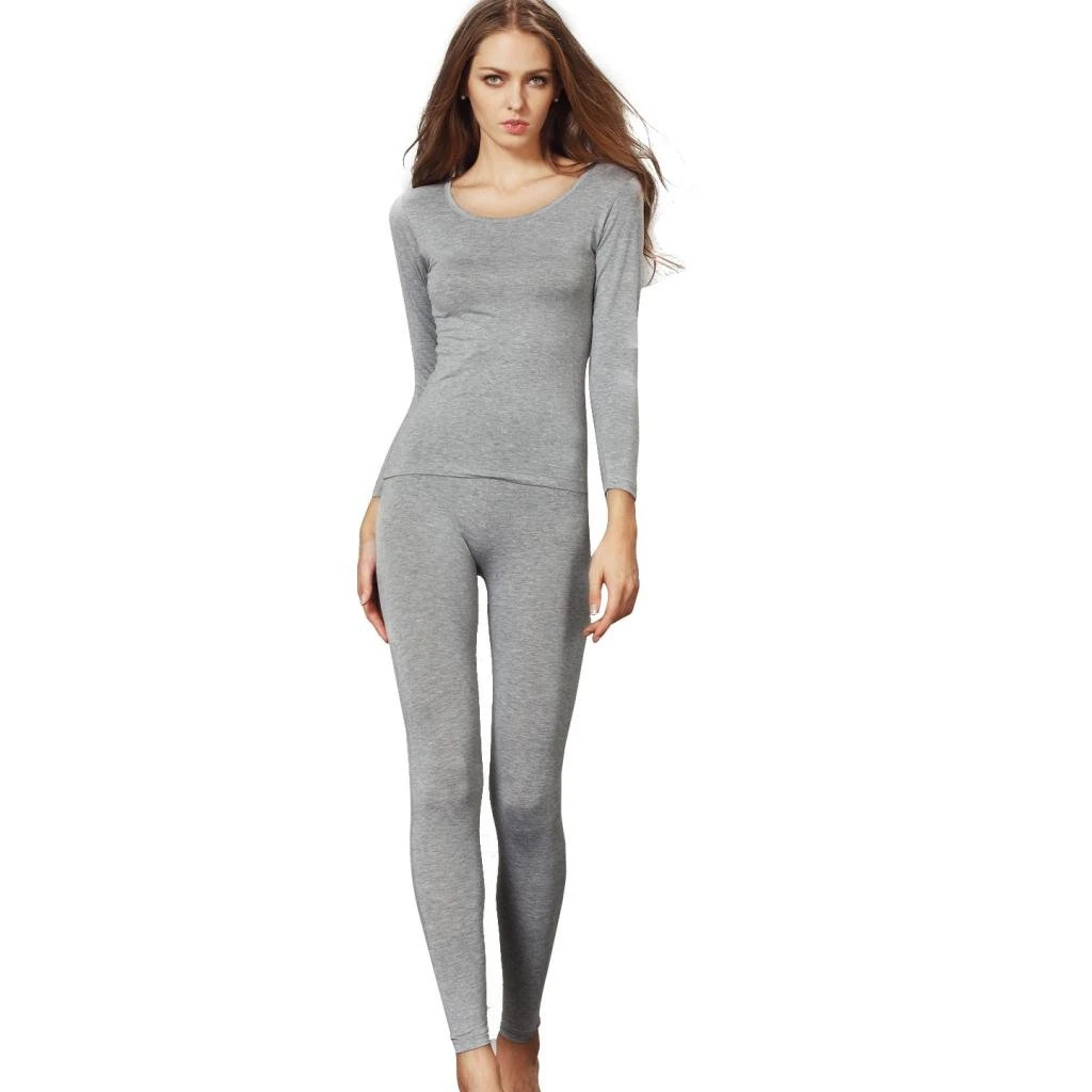 Liang Rou women's U-cut stretch thin underwear set, leggings and long-sleeved shirt - Grey - Small