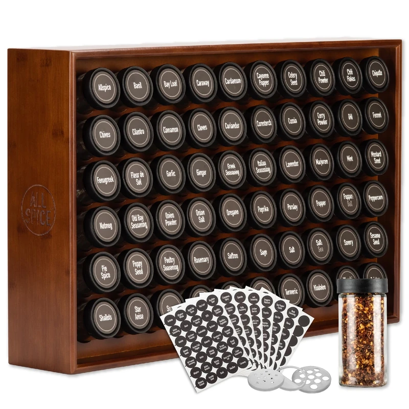 AllSpice Wooden Spice Rack, Includes 60 118ml Jars- Walnut