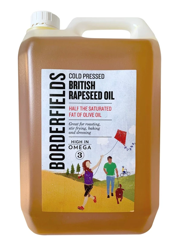Borderfields Natural Cold Pressed British Rapeseed Oil High in Omega 3. Use for Roasting Frying Baking drizzling and dressing Gluten free and vegan friendly Large 5 Litre catering pack