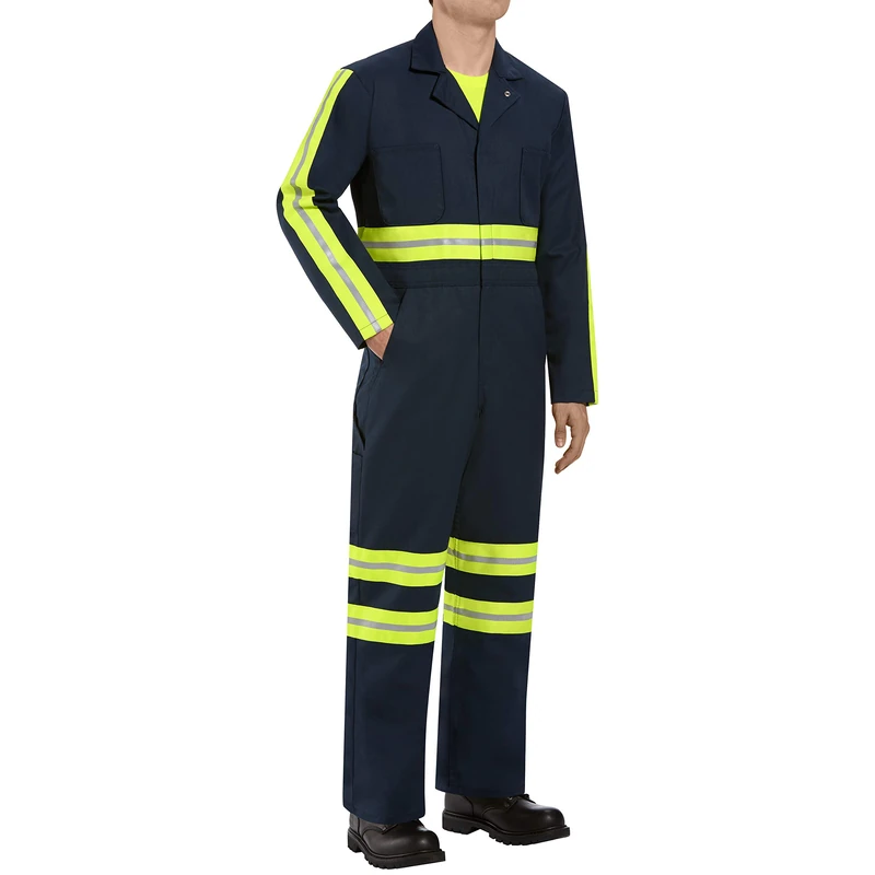 Red Kap Men's Enhanced Action Back Coverall Work Utility, Navy with Yellow/Green Visibility Trim, 48