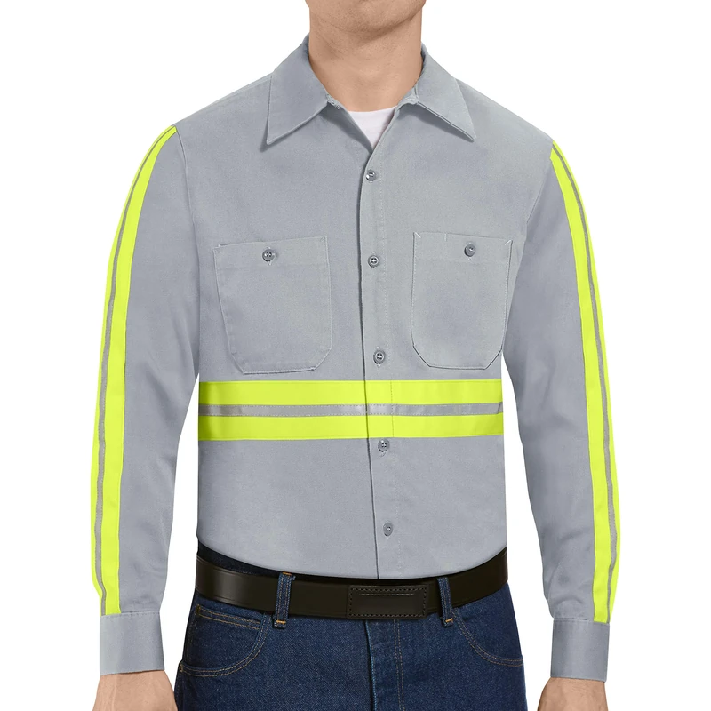 Red Kap Men's Enhanced Visibility Cotton Work Shirt, Grey with Yellow/Green Visibility Trim, Large