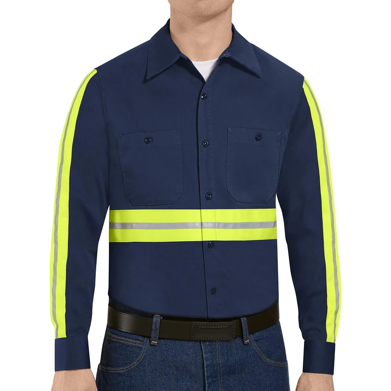 Red Kap Men's Short Sleeve Wrinkle-Resistant Cotton Work Shirt, Navy with Yellow/Green Visibility Trim, XL