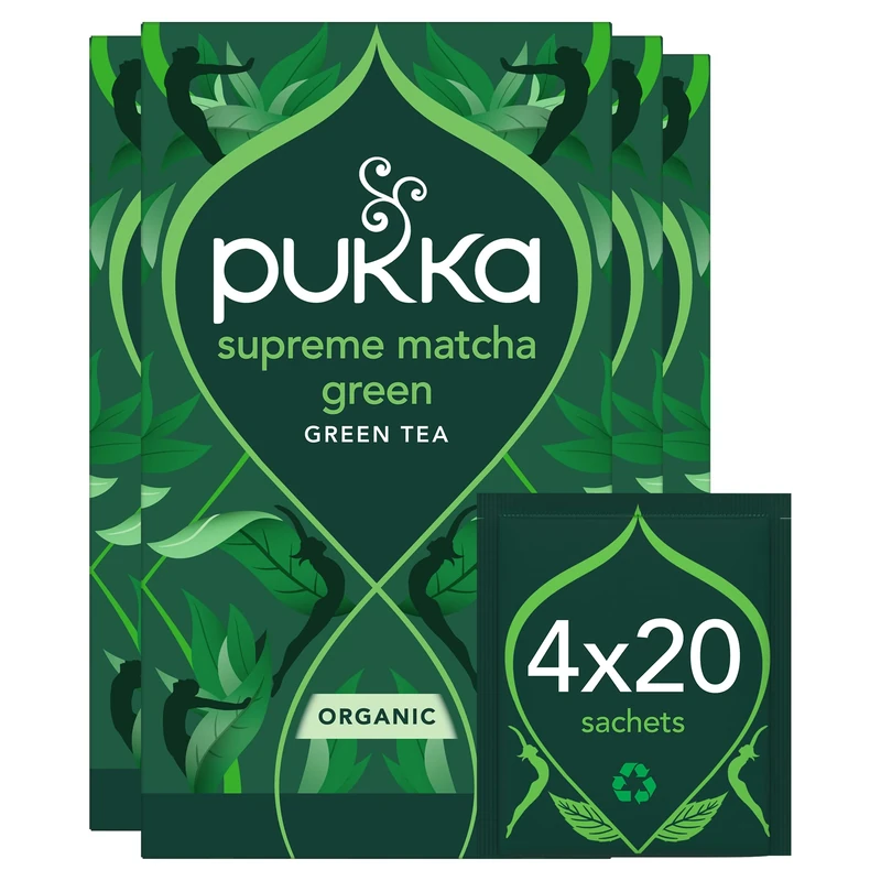 Pukka Herbs | Supreme Matcha Green Organic Tea Box | Energizing Tea With Matcha Powder | Ideal For Daily Vitality | 4 Packs | 80 Plant Based Biodegradable Tea Bags