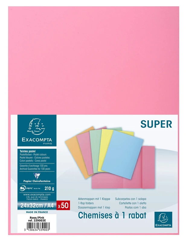 Exacompta - Ref 339003E - Super 210 1-Flap Folders - 240 x 320mm in Size, Suitable for Holding A4 Documents, 210gsm Card, Single Fold Over Flap - Pink (Pack of 50)
