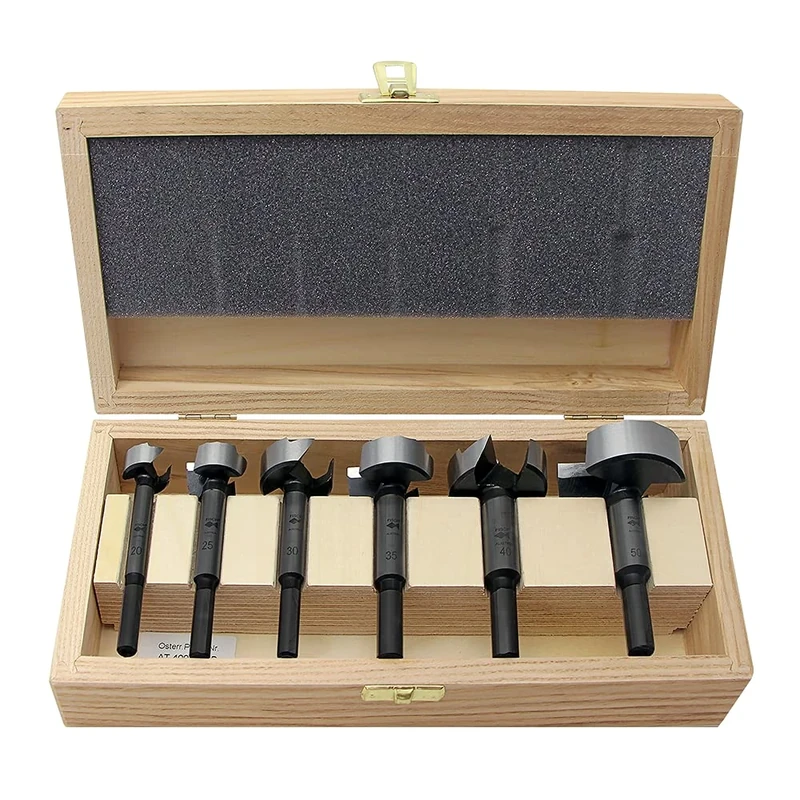 Fisch 03170006K Wave-Cutter Forstner Bit Set in Wooden Case, 0 V, Silver/Beige, 20-50 mm, 6-Piece