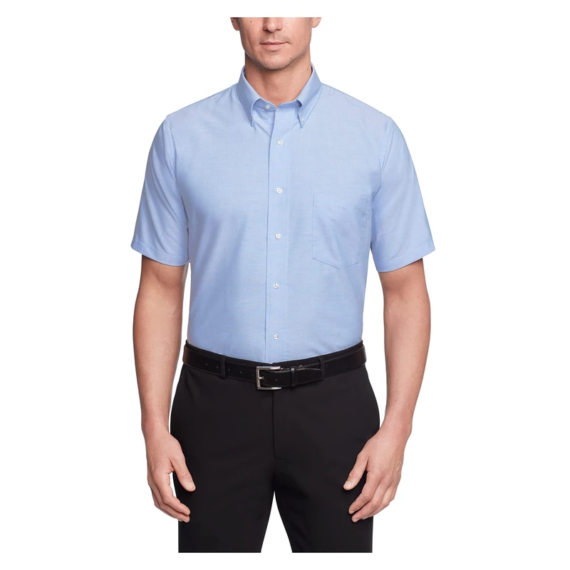 Van Heusen Men's Dress Shirts Short Sleeve Oxford Solid, Blue, 21" Neck