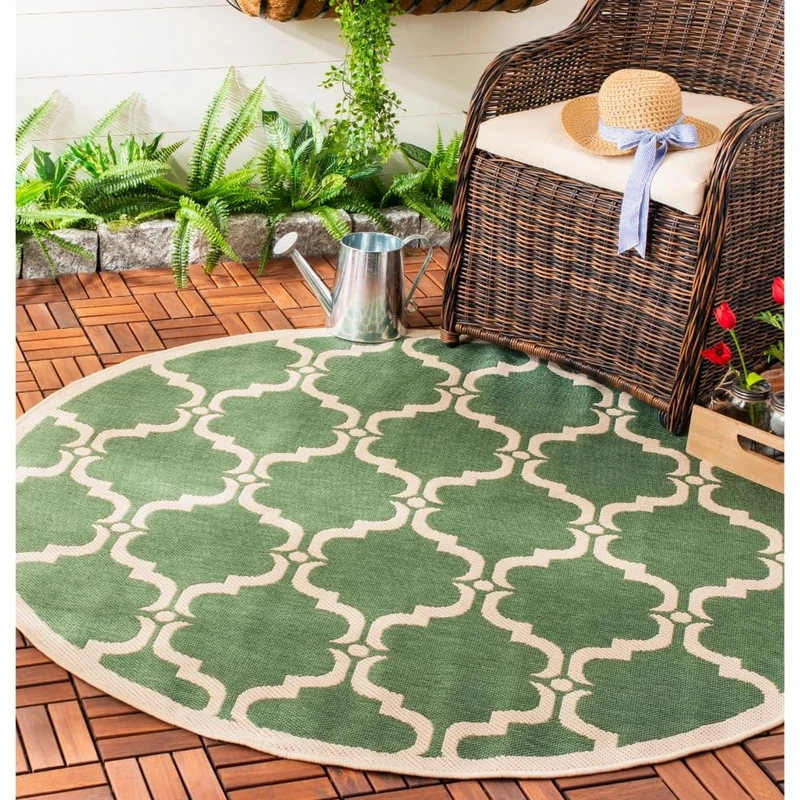 Safavieh Trellis Indoor/Outdoor Woven Round Area Rug, Courtyard Collection, CY6009, in Dark Green / Beige, 160 X 160 cm for Garden, Patio or Any Outdoor Space