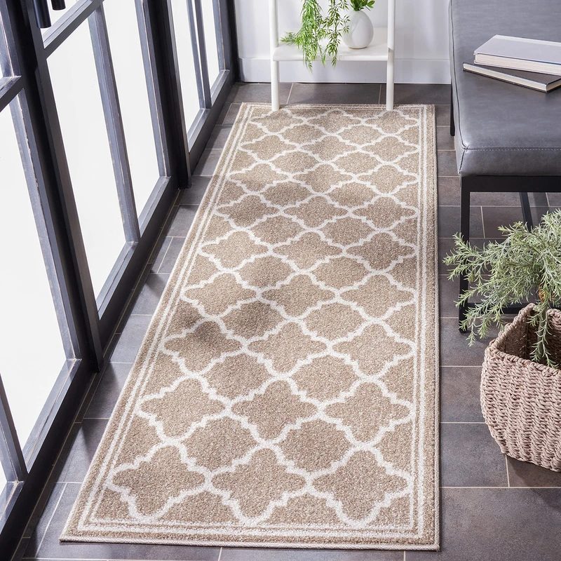 Safavieh Moroccan Trellis Indoor/Outdoor Woven Runner Area Rug, Amherst Collection, AMT422, in Wheat / Beige, 69 X 213 cm for Garden, Patio or Any Outdoor Space