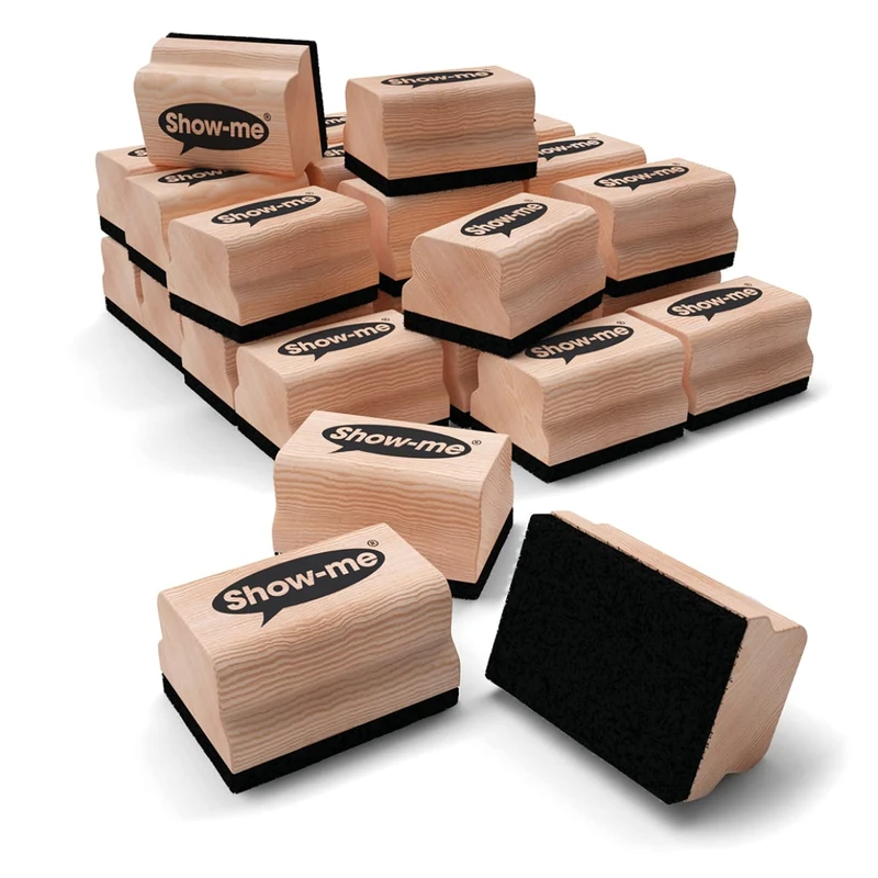 Show-Me Whiteboard Eraser Pack, Mini Erasers for Drywipe Boards & Chalkboards in Schools, Versatile & Easy-to-Use Whiteboard Rubber, for Classrooms or On-the-Go, Wooden White Board Eraser - 30PK