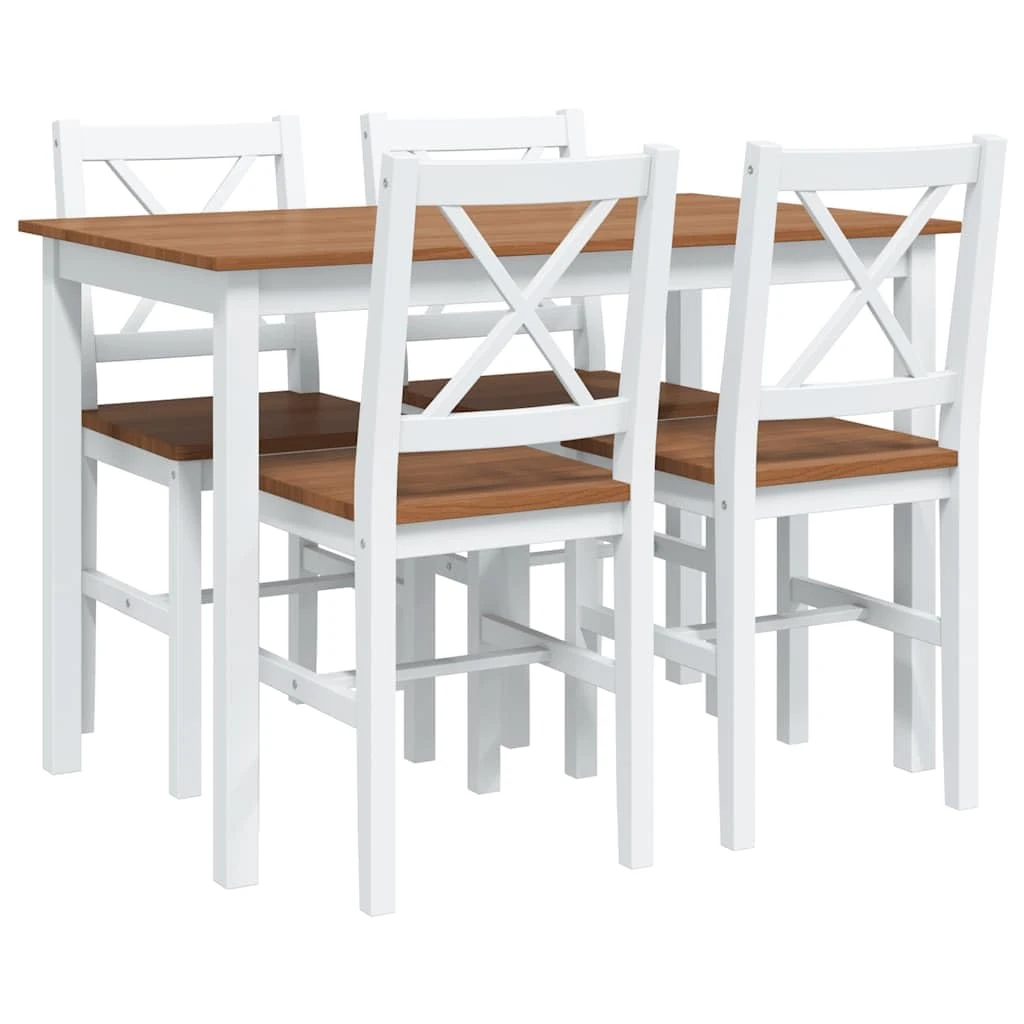 vidaXL 5-Piece Dining Set, Farmhouse-Style Solid Pine Wood, Brown and White, Rectangular Table with 4 Chairs for Kitchen/Dining Room
